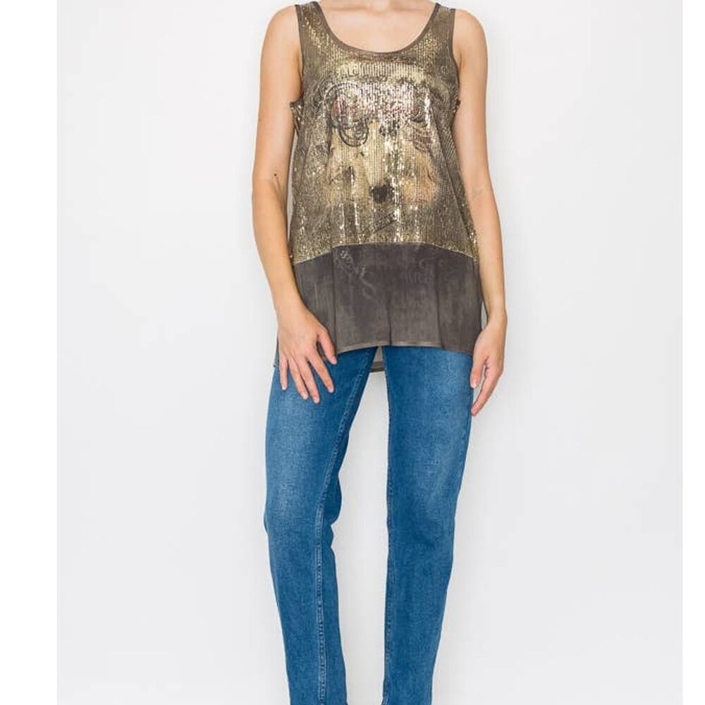 Sequin & Chiffon Tank Top – Gold Rodeo Print